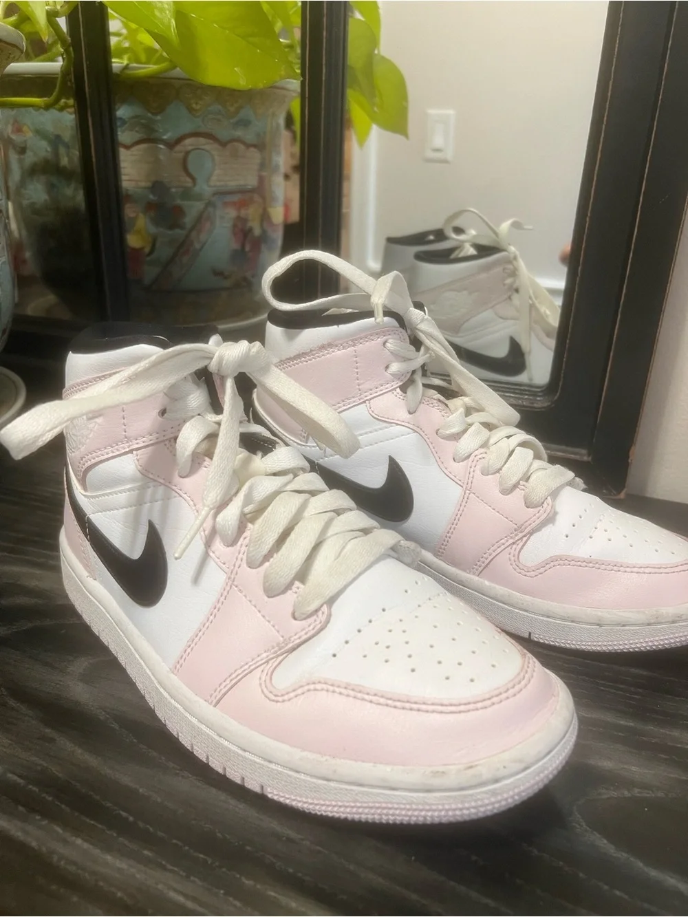 Nike Air Jordan 1 Mid Women’s Sneakers - White & Light Pink Youth Size 6